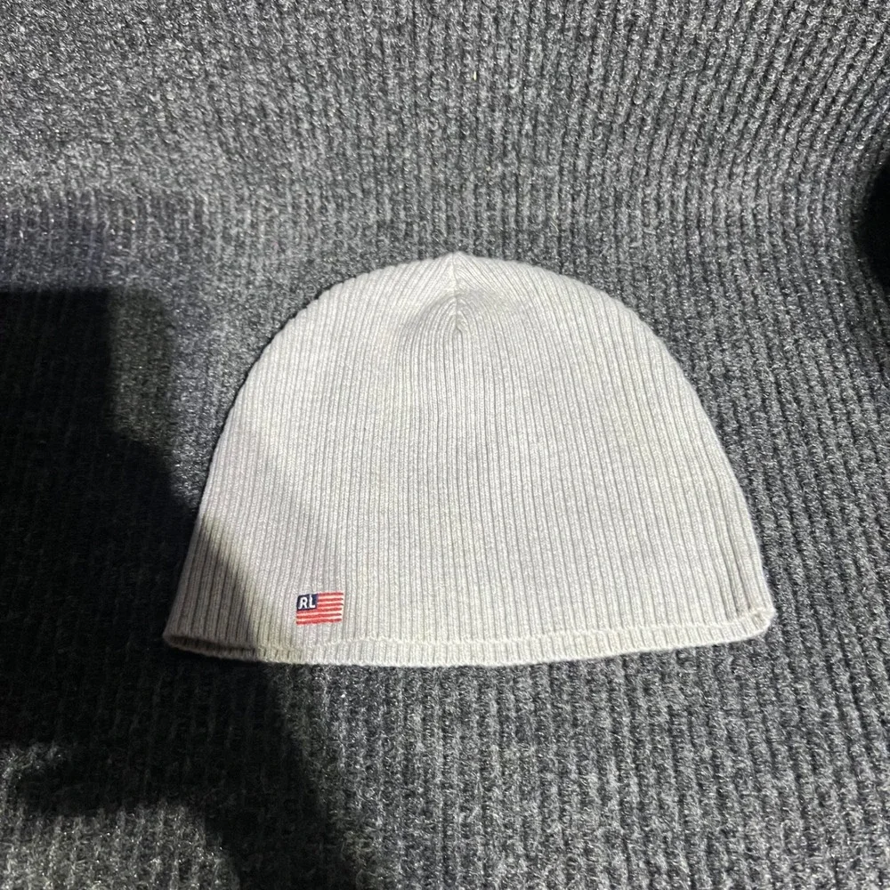 Vintage Polo Ralph Lauren Beanie Mens OS Gray RL‎ Flag Patch Ribbed Knit